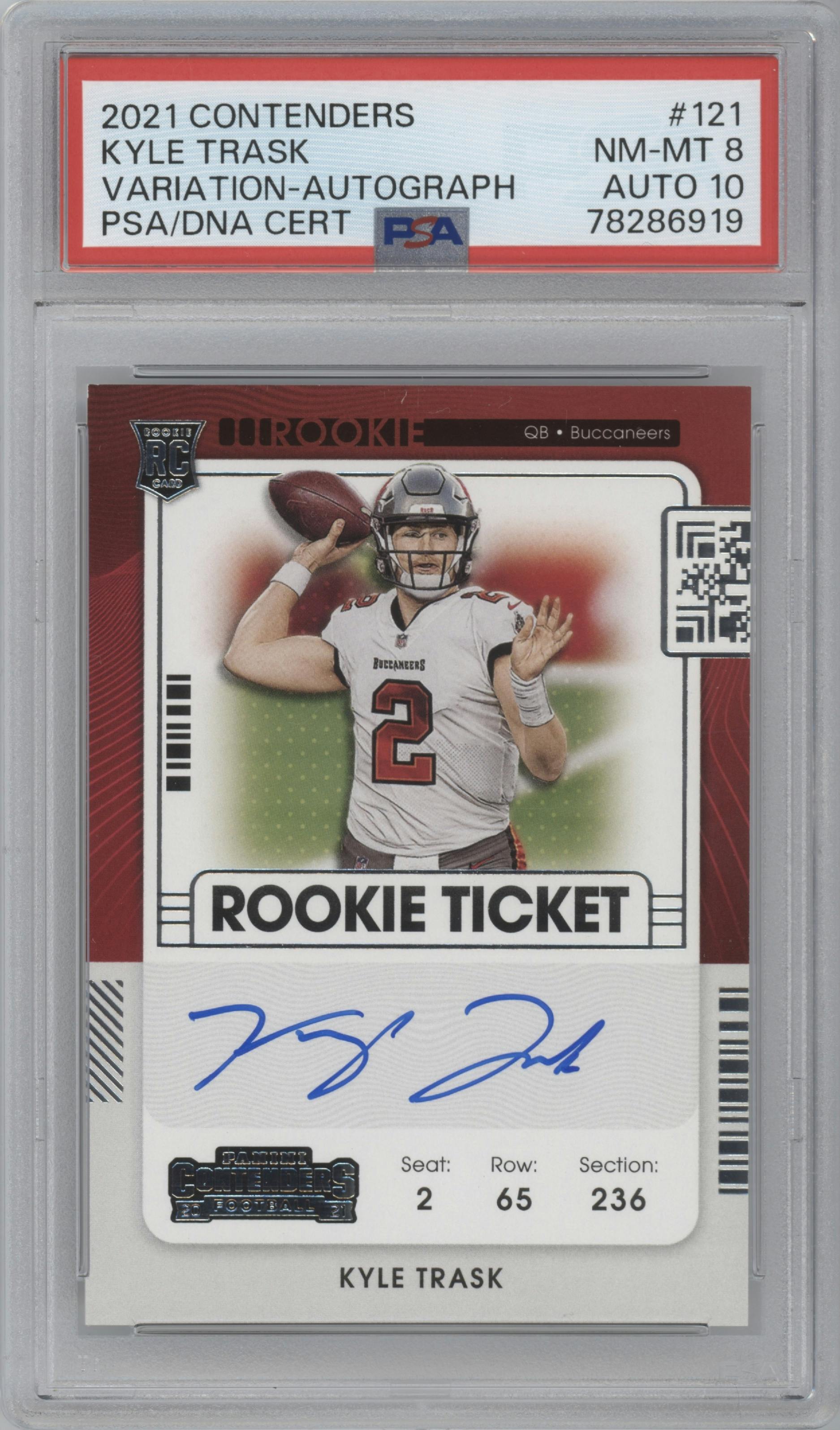 Kyle Trask from the 2021 Panini Contenders   set graded by PSA and given an overall grade of 8.