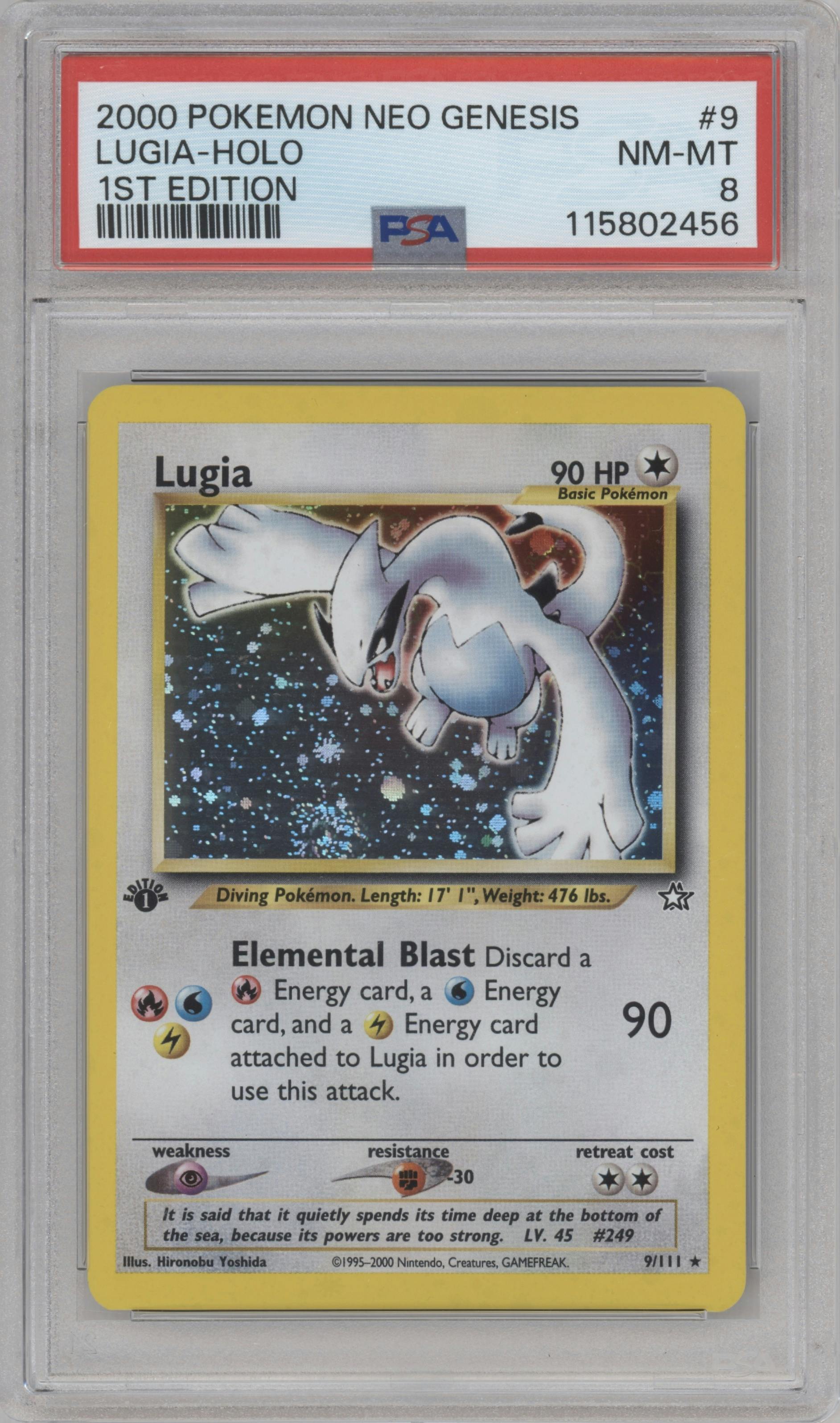 Lugia from the 2000 Pokemon Neo Genesis set graded by PSA and given an overall grade of 8.