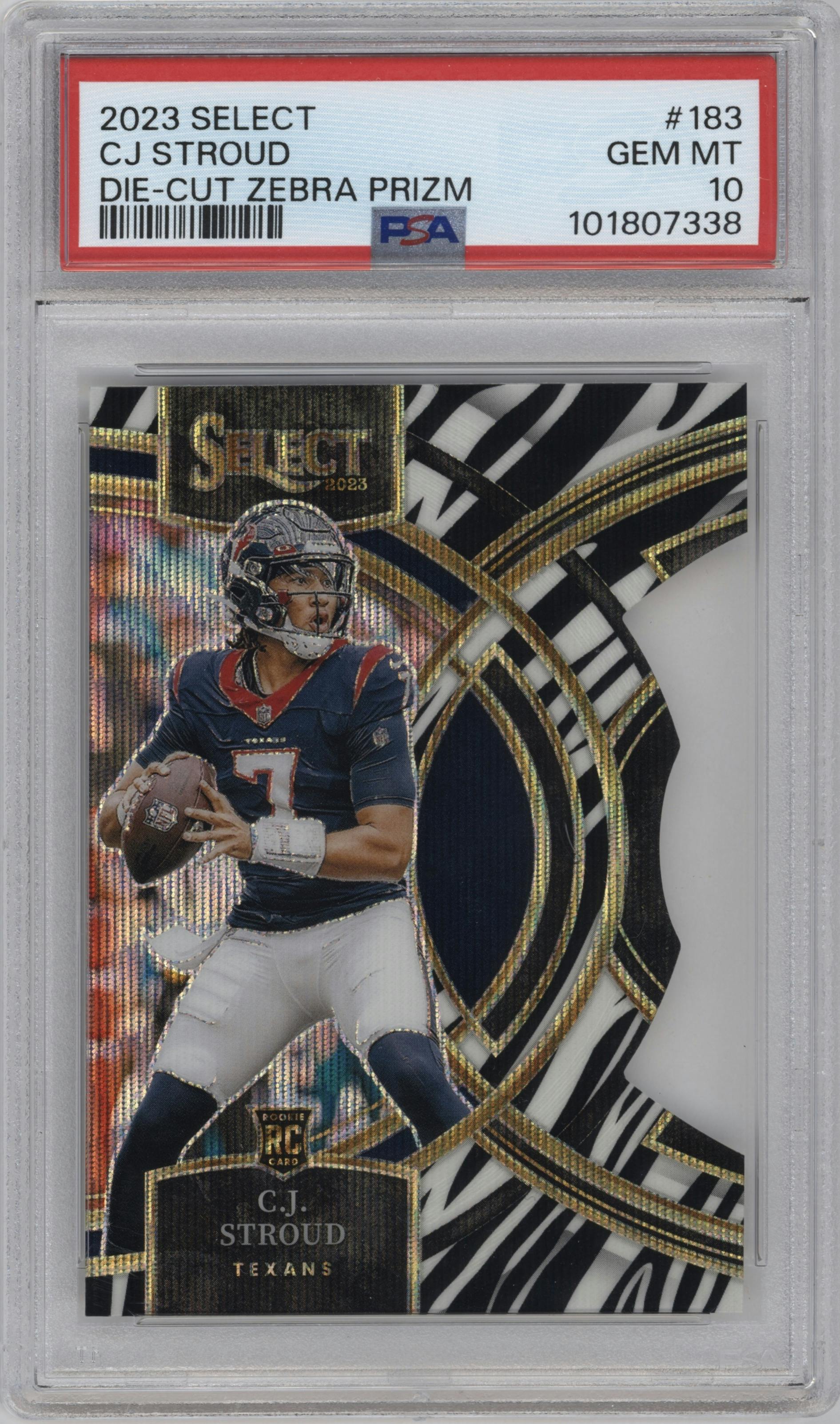 C.J. Stroud from the 2023 Panini Select set featuring a Die-Cut Zebra parallel graded by PSA and given an overall grade of 10.