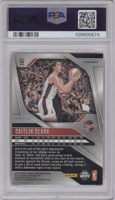 Caitlin Clark from the 2024 Panini Prizm WNBA set featuring a Pink Velocity parallel graded by PSA and given an overall grade of 8.