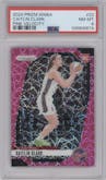 Caitlin Clark from the 2024 Panini Prizm WNBA set featuring a Pink Velocity parallel graded by PSA and given an overall grade of 8.