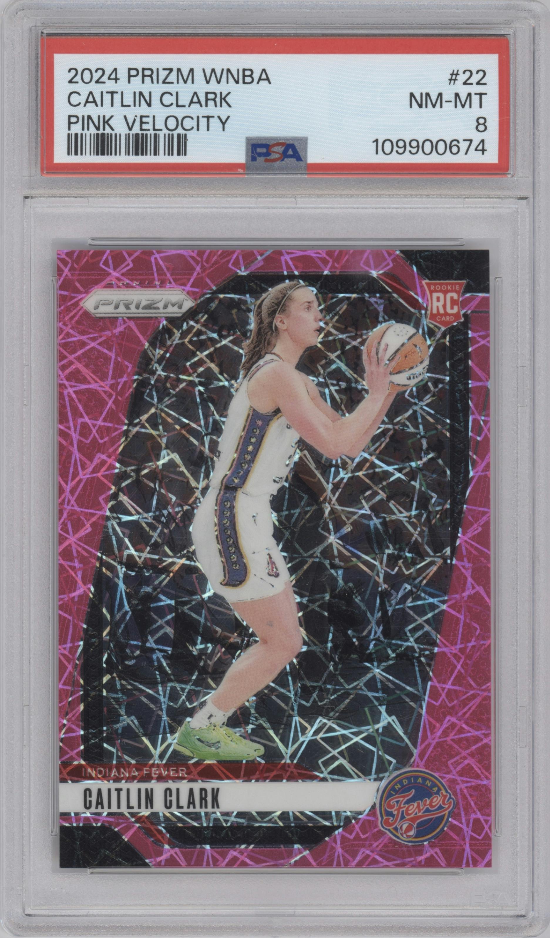 Caitlin Clark from the 2024 Panini Prizm WNBA set featuring a Pink Velocity parallel graded by PSA and given an overall grade of 8.