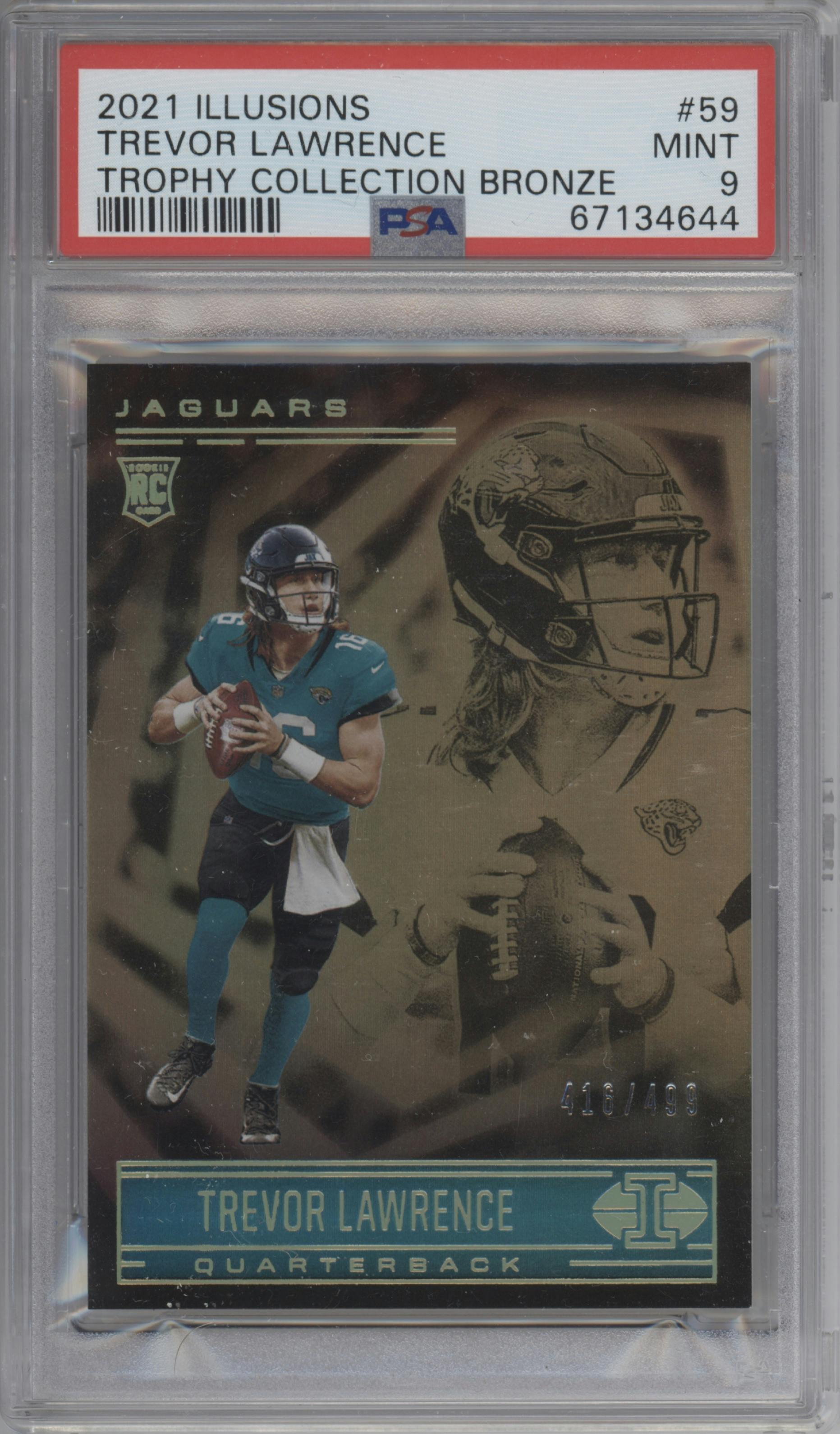 Trevor Lawrence from the 2021 Panini Illusions set featuring a Trophy Collection Bronze parallel graded by PSA and given an overall grade of 9.