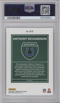 Anthony Richardson from the 2023 Donruss Optic set graded by PSA and given an overall grade of 10.