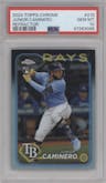 Junior Caminero from the 2024 Topps Chrome set featuring a Refractor parallel graded by PSA and given an overall grade of 10.