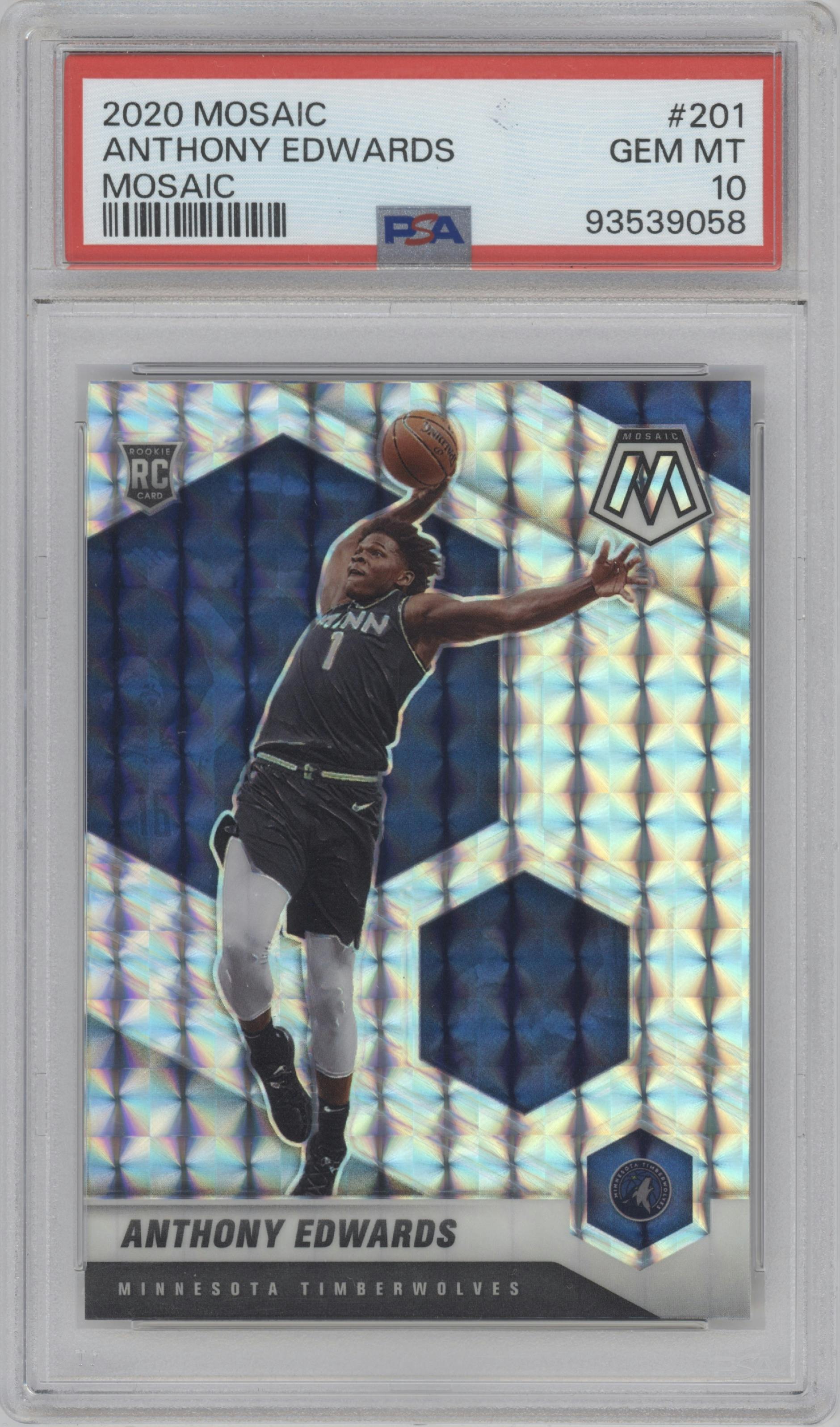 Anthony Edwards from the 2020-21 Panini Mosaic set featuring a Mosaic parallel graded by PSA and given an overall grade of 10.