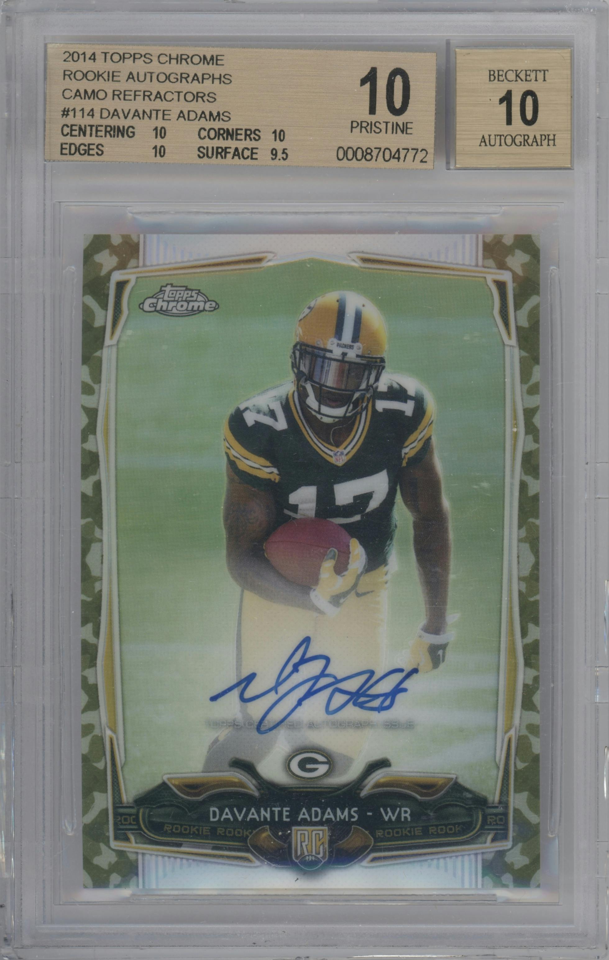 Davante Adams from the 2014 Topps Chrome set featuring a Camo Refractor parallel graded by Beckett and given an overall grade of 10.