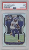 Justin Jefferson from the 2020 Panini Prizm set featuring a Silver Prizm parallel graded by PSA and given an overall grade of 9.