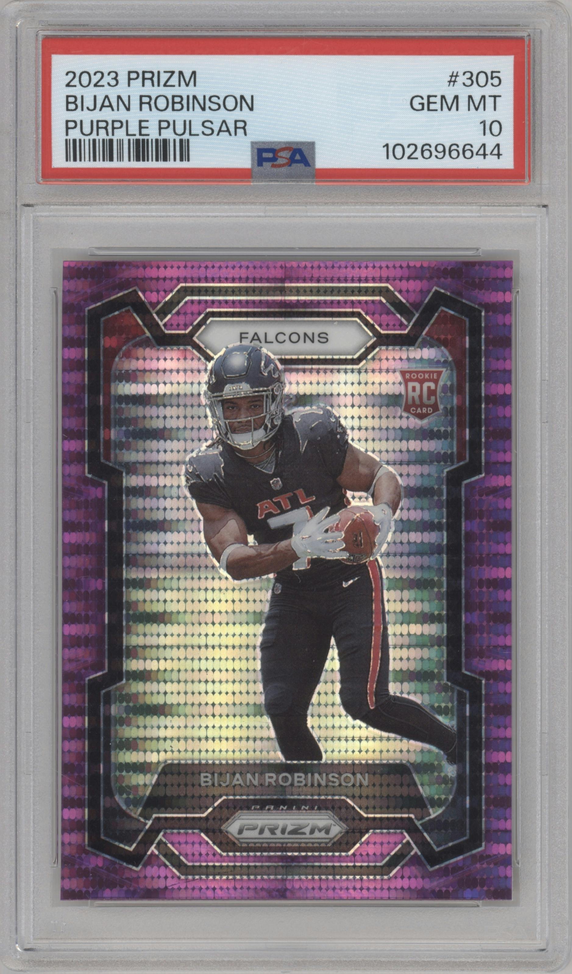 Bijan Robinson from the 2023 Panini Prizm set featuring a Purple Pulsar parallel graded by PSA and given an overall grade of 10.