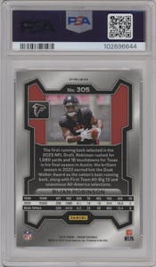 Bijan Robinson from the 2023 Panini Prizm set featuring a Purple Pulsar parallel graded by PSA and given an overall grade of 10.