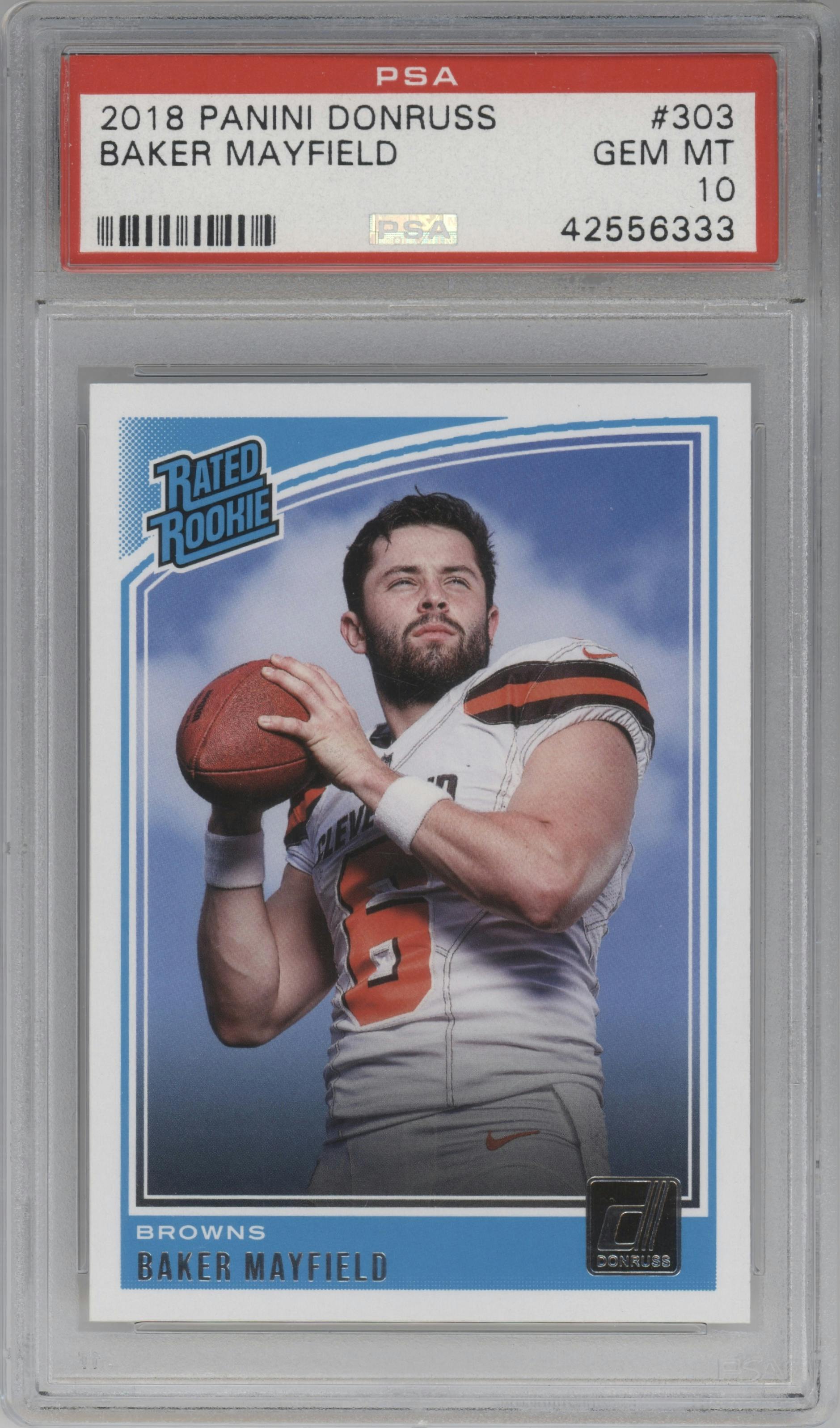 Baker Mayfield from the 2018 Panini Donruss set graded by PSA and given an overall grade of 10.