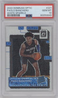 Paolo Banchero from the 2022-23 Panini Donruss Optic  set featuring a White Sparkle parallel graded by PSA and given an overall grade of 10.