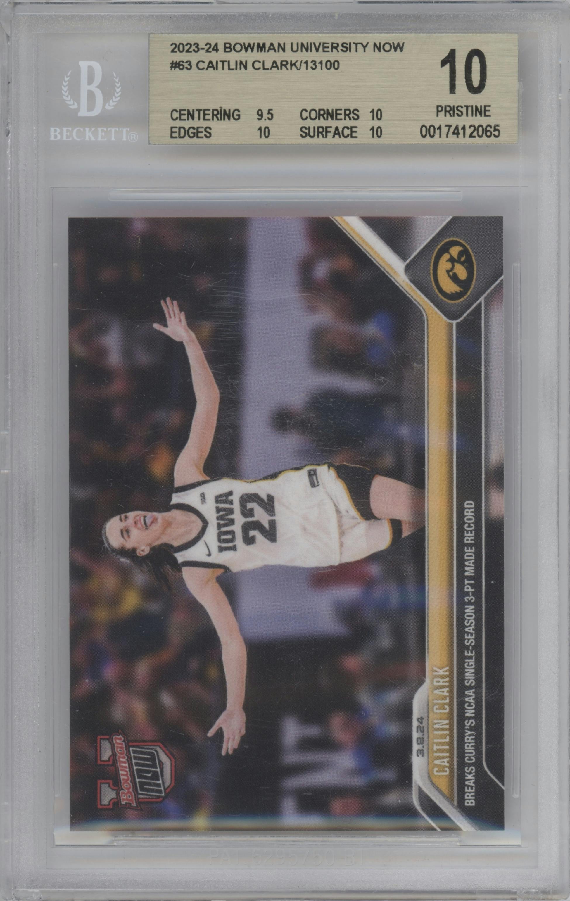 Caitlin Clark from the 2023-24 Bowman U Now set graded by Beckett and given an overall grade of 10.
