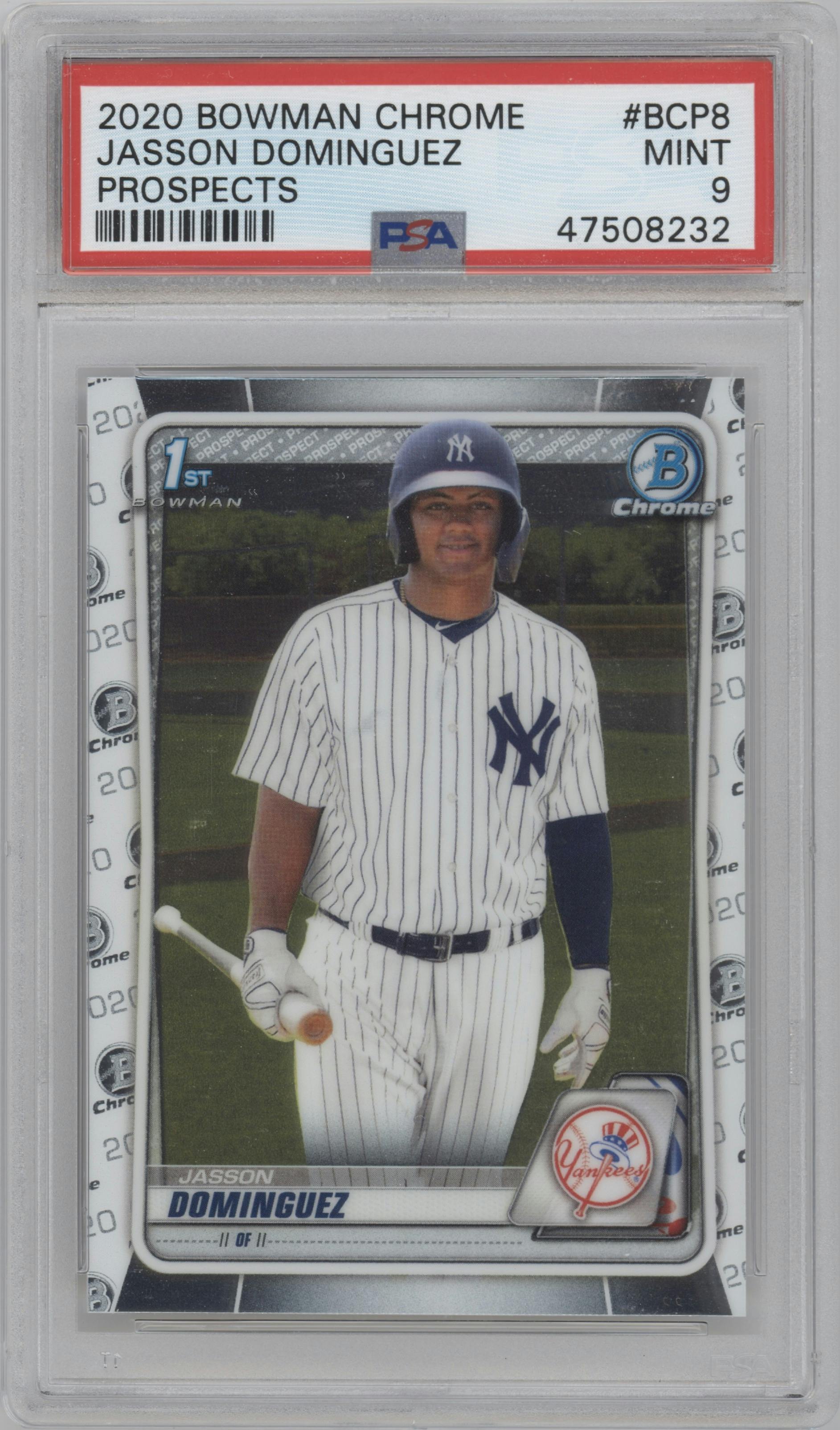 Jasson Dominguez from the 2020 Bowman set graded by PSA and given an overall grade of 9.