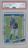 Jahmyr Gibbs from the 2023 Donruss Optic set featuring a Holo parallel graded by PSA and given an overall grade of 10.