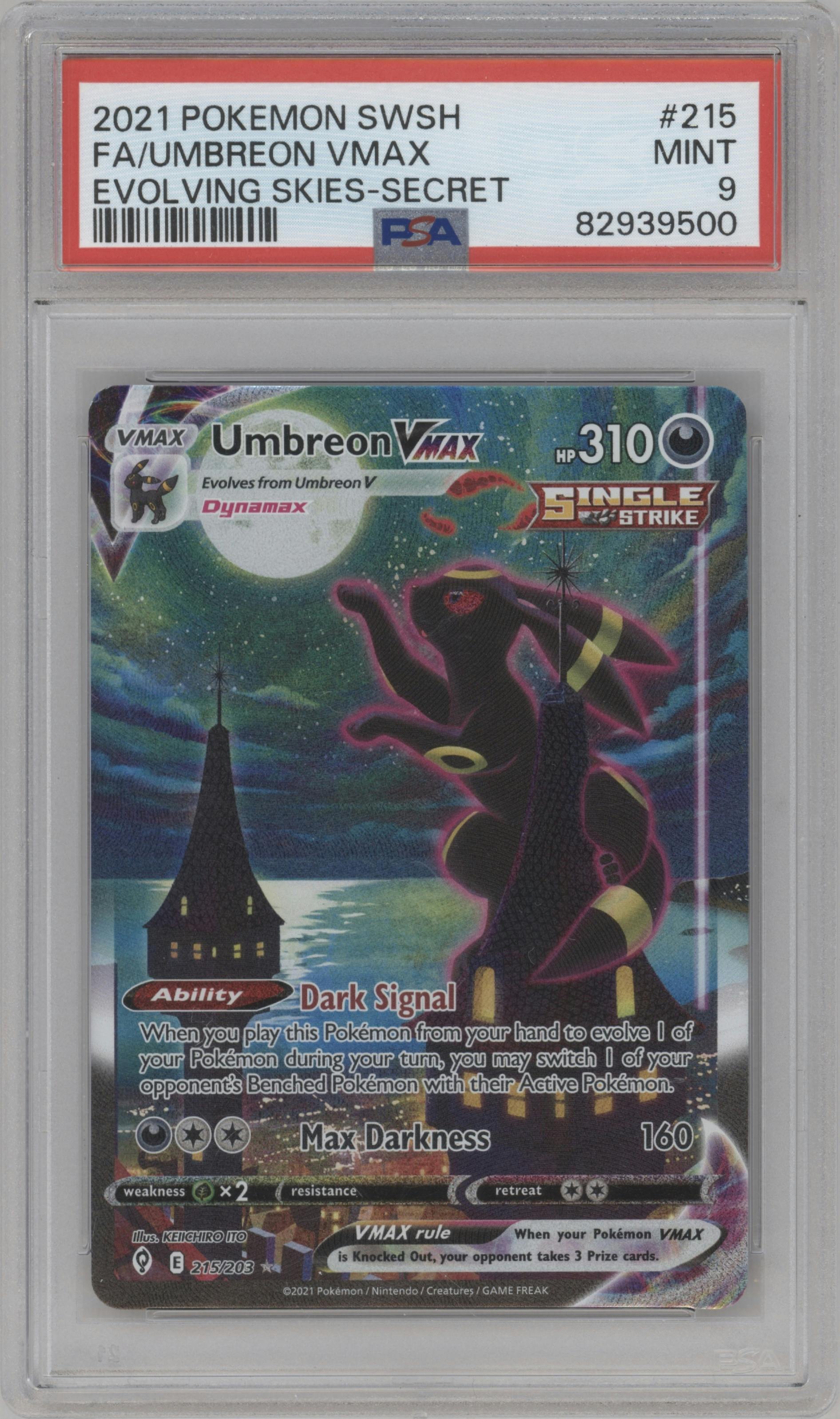 Umbreon VMAX from the 2021 Pokemon SWSH set graded by PSA and given an overall grade of 9.