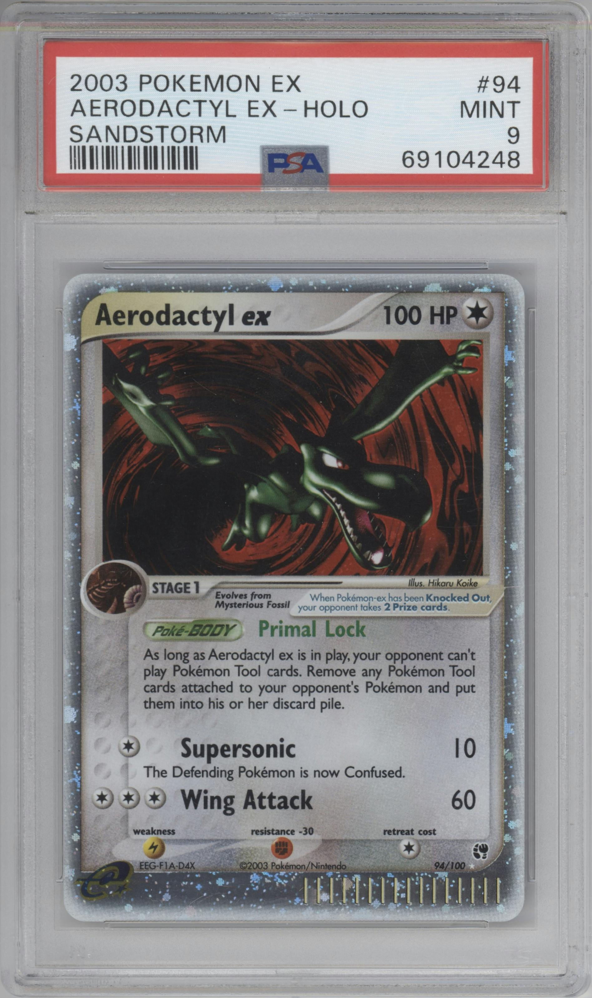 Aerodactyl ex from the 2003 Pokemon EX set graded by PSA and given an overall grade of 9.