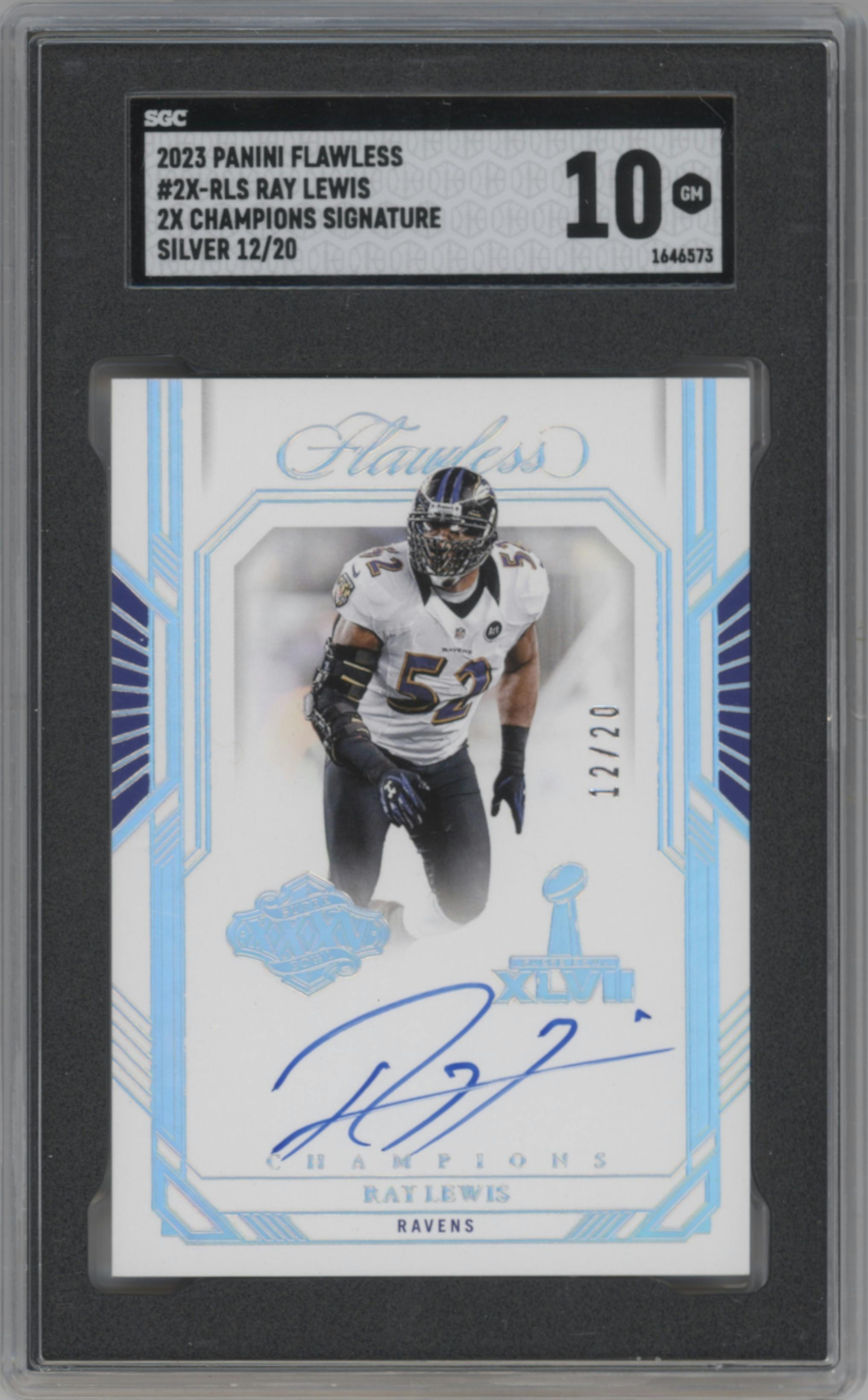 Ray Lewis from the 2023 Panini Flawless set featuring a Silver parallel graded by SGC and given an overall grade of 10.