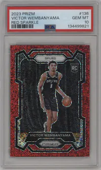 Victor Wembanyama from the 2023-24 Panini Prizm set featuring a Red Sparkle parallel graded by PSA and given an overall grade of 10.