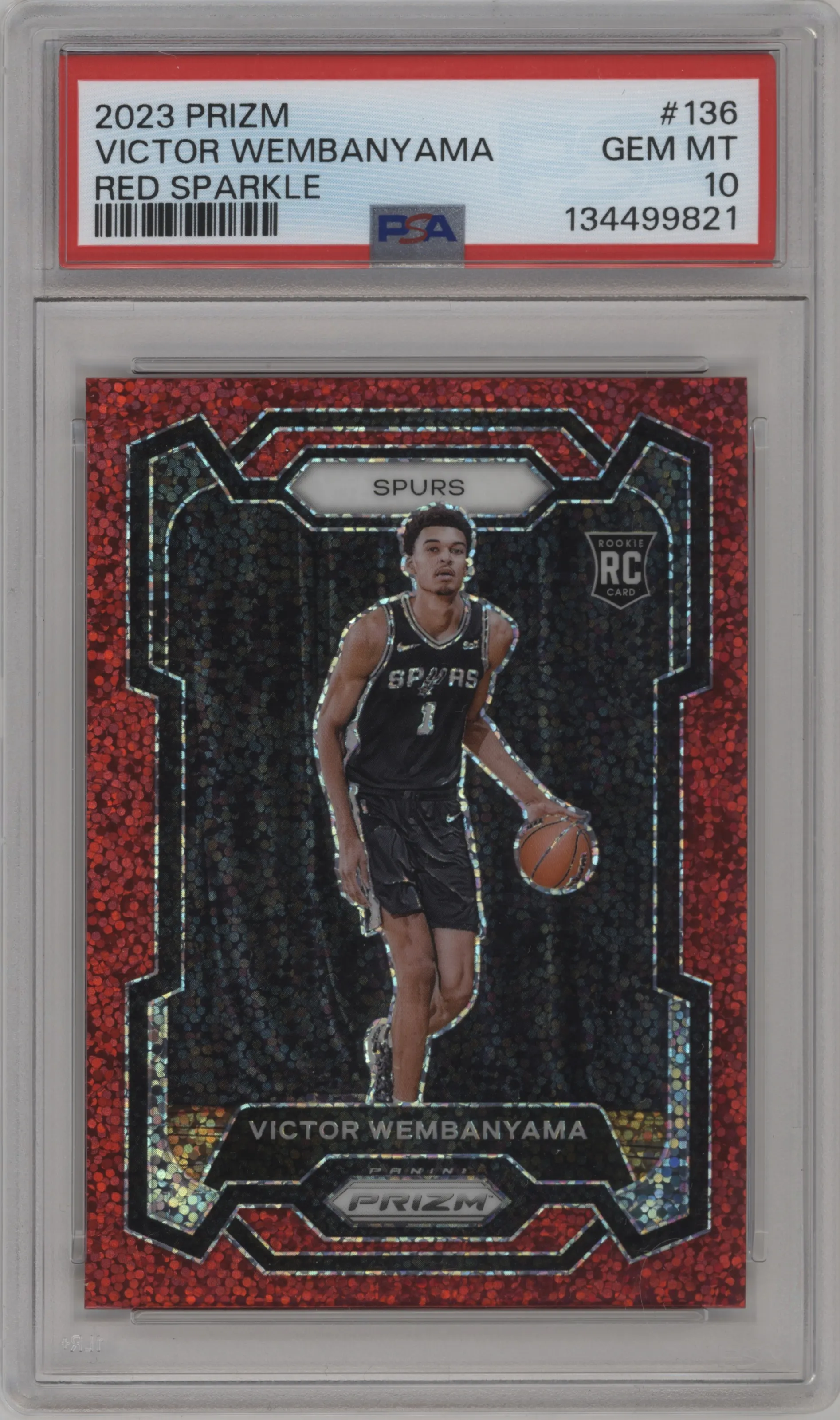Victor Wembanyama from the 2023-24 Panini Prizm set featuring a Red Sparkle parallel graded by PSA and given an overall grade of 10.