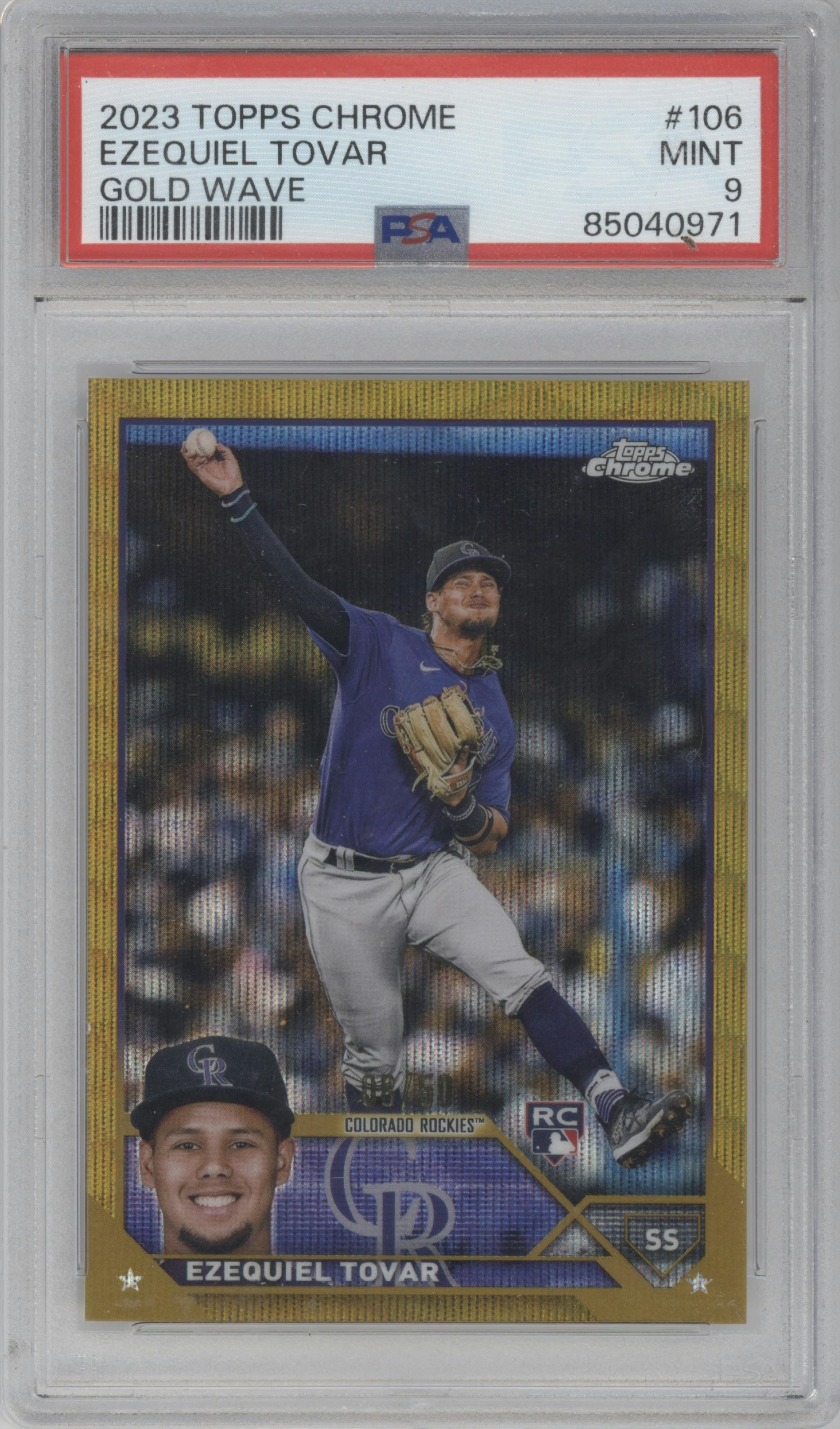 Ezequiel Tovar from the 2023 Topps Chrome set featuring a Gold Wave Refractor parallel graded by PSA and given an overall grade of 9.