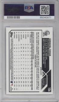 Ezequiel Tovar from the 2023 Topps Chrome set featuring a Gold Wave Refractor parallel graded by PSA and given an overall grade of 9.