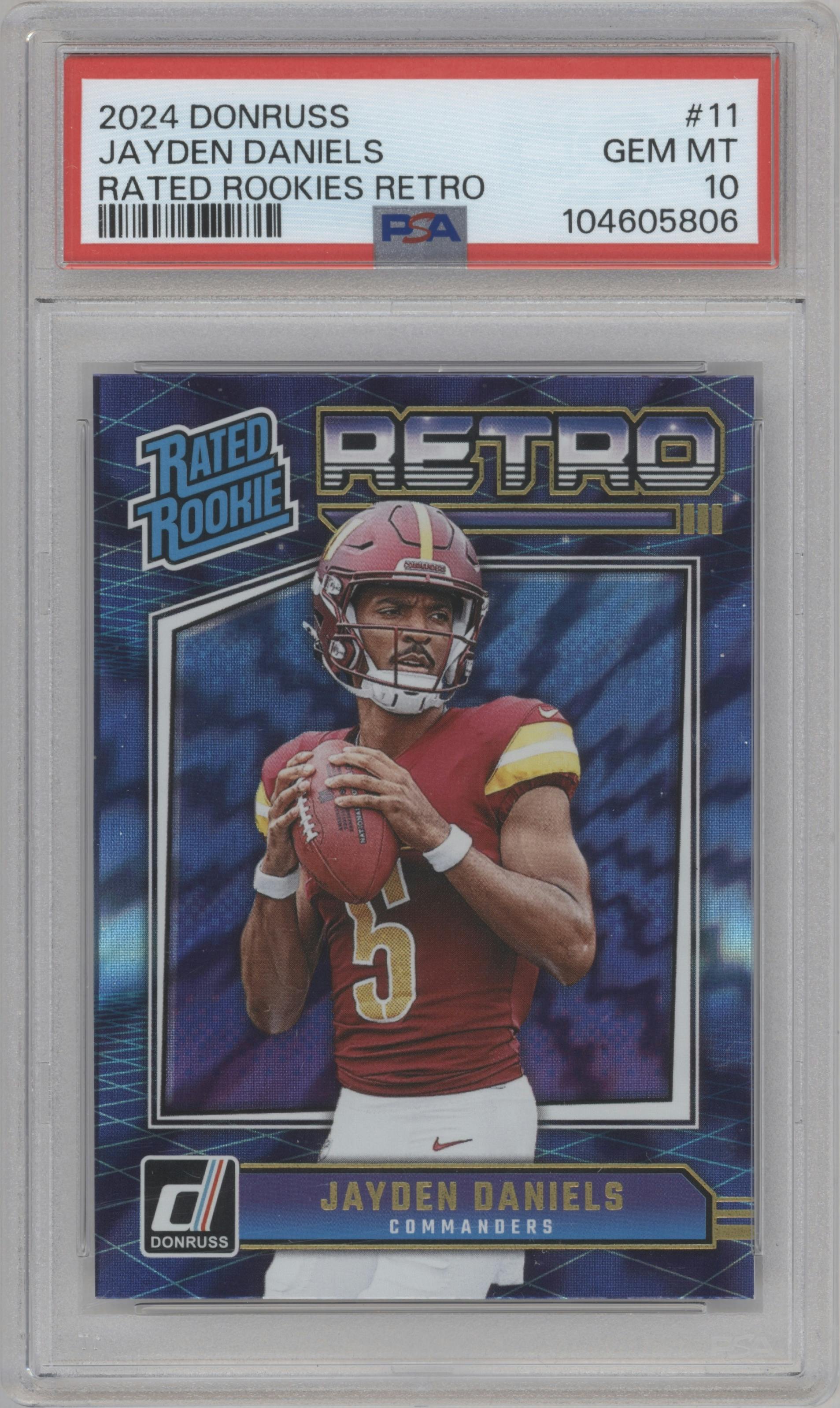 Jayden Daniels from the 2024 Donruss set graded by PSA and given an overall grade of 10.