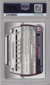 Wyatt Langford from the 2023 Bowman Draft set featuring a Sparkle Refractor parallel graded by PSA and given an overall grade of 10.