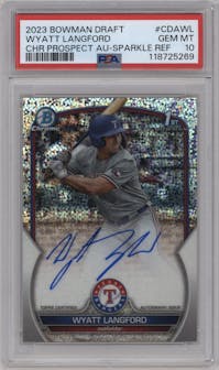Wyatt Langford from the 2023 Bowman Draft set featuring a Sparkle Refractor parallel graded by PSA and given an overall grade of 10.