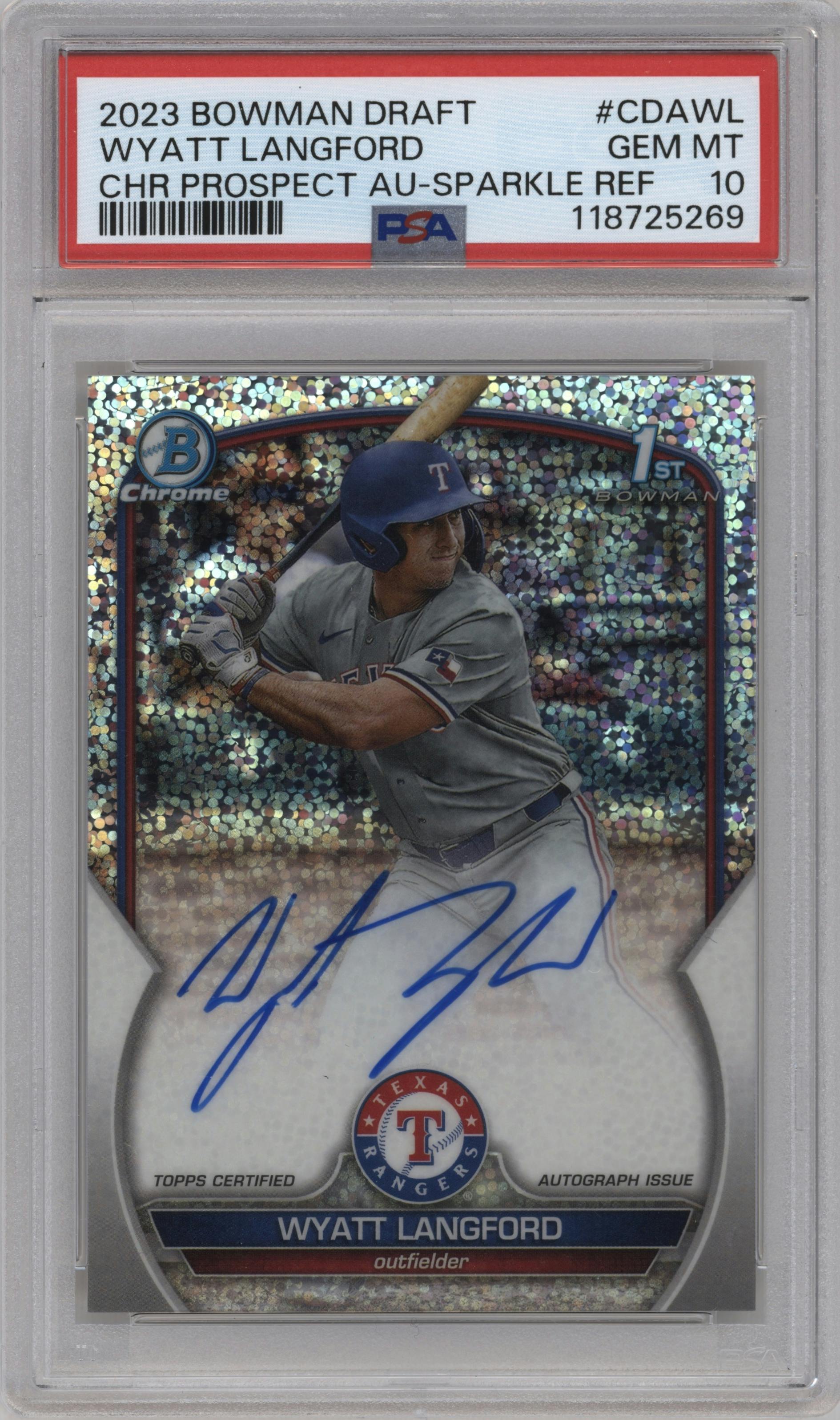 Wyatt Langford from the 2023 Bowman Draft set featuring a Sparkle Refractor parallel graded by PSA and given an overall grade of 10.