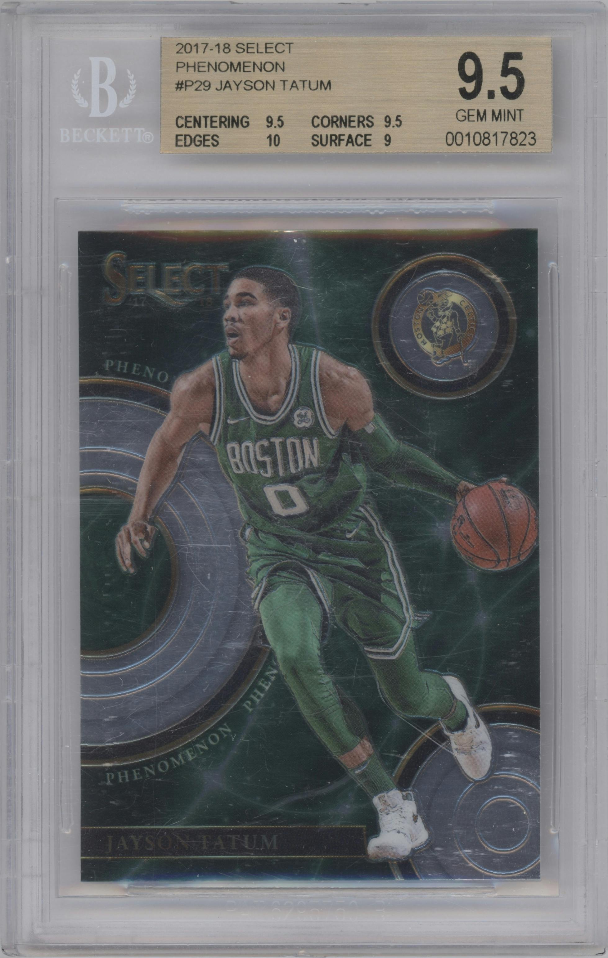 Jayson Tatum from the 2017-18 Panini Select set graded by Beckett and given an overall grade of 9.5.