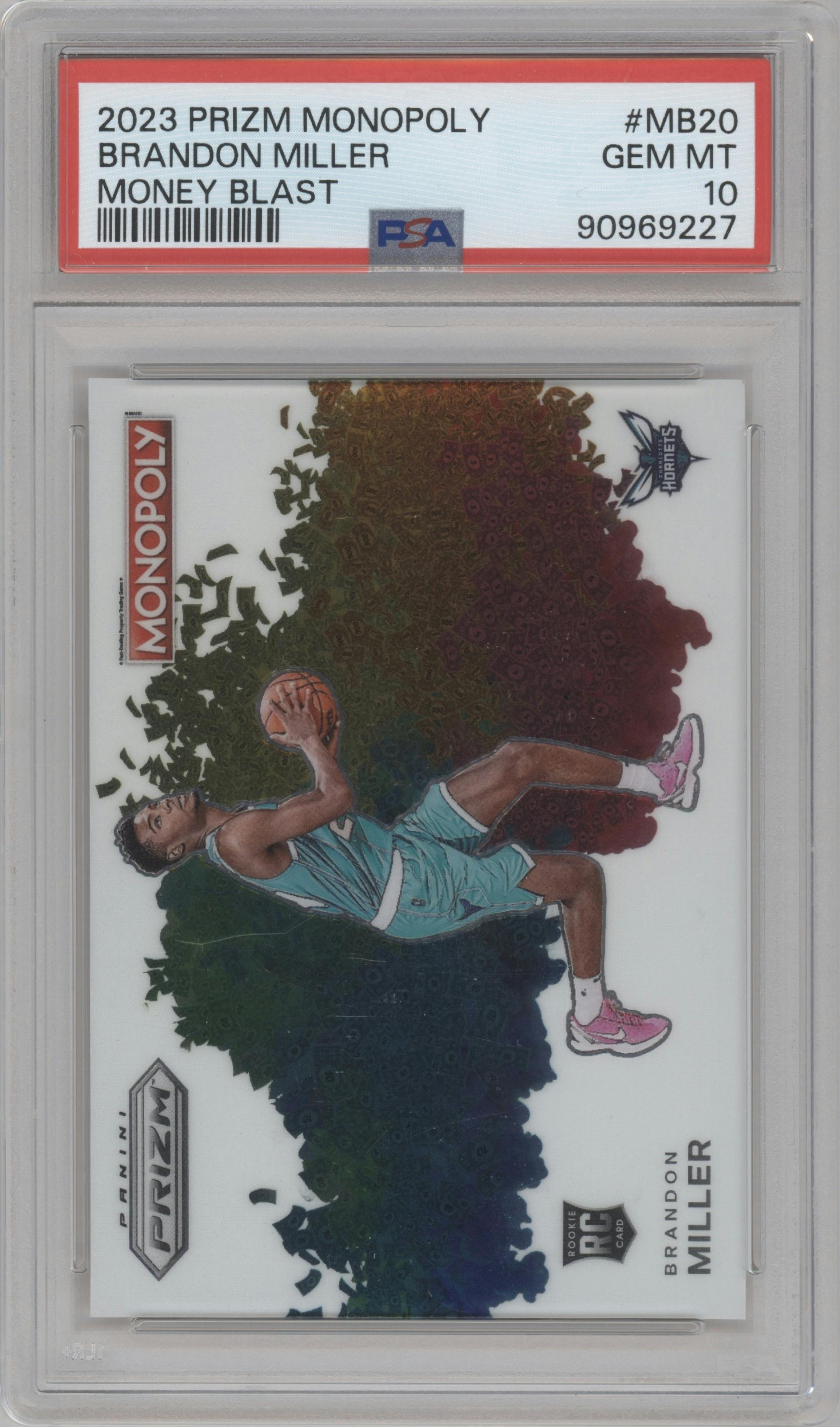 Brandon Miller from the 2023-24 Panini Prizm Monopoly set graded by PSA and given an overall grade of 10.
