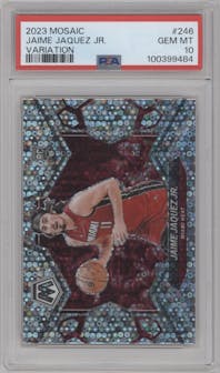 Jaime Jaquez Jr. from the 2023-24 Panini Mosaic set featuring a Fast Break Silver parallel graded by PSA and given an overall grade of 10.