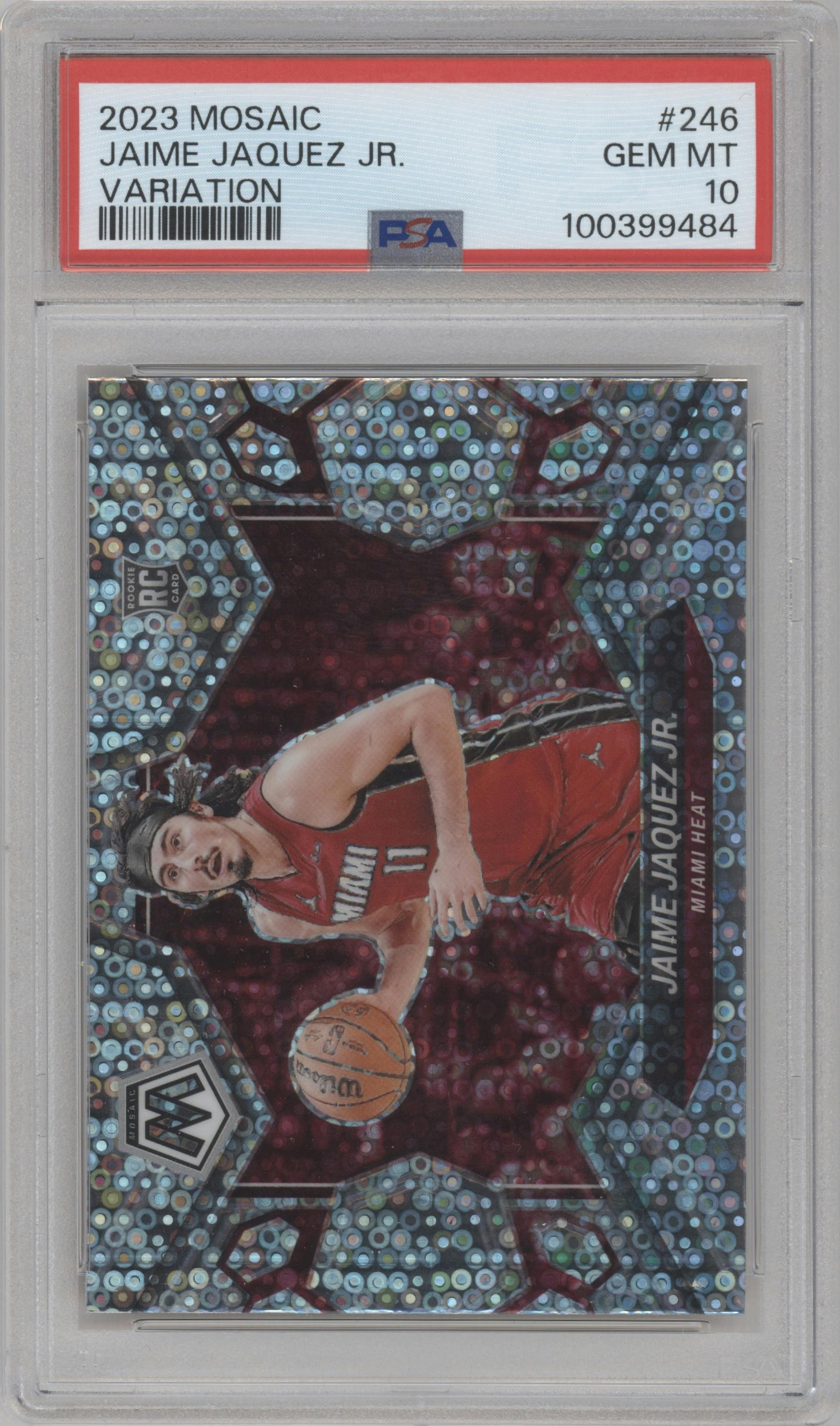Jaime Jaquez Jr. from the 2023-24 Panini Mosaic set featuring a Fast Break Silver parallel graded by PSA and given an overall grade of 10.