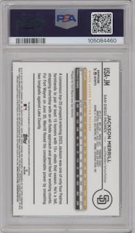 Jackson Merrill from the 2024 Topps Chrome Update Sapphire Edition set featuring a Orange Sapphire Refractor parallel graded by PSA and given an overall grade of 10.