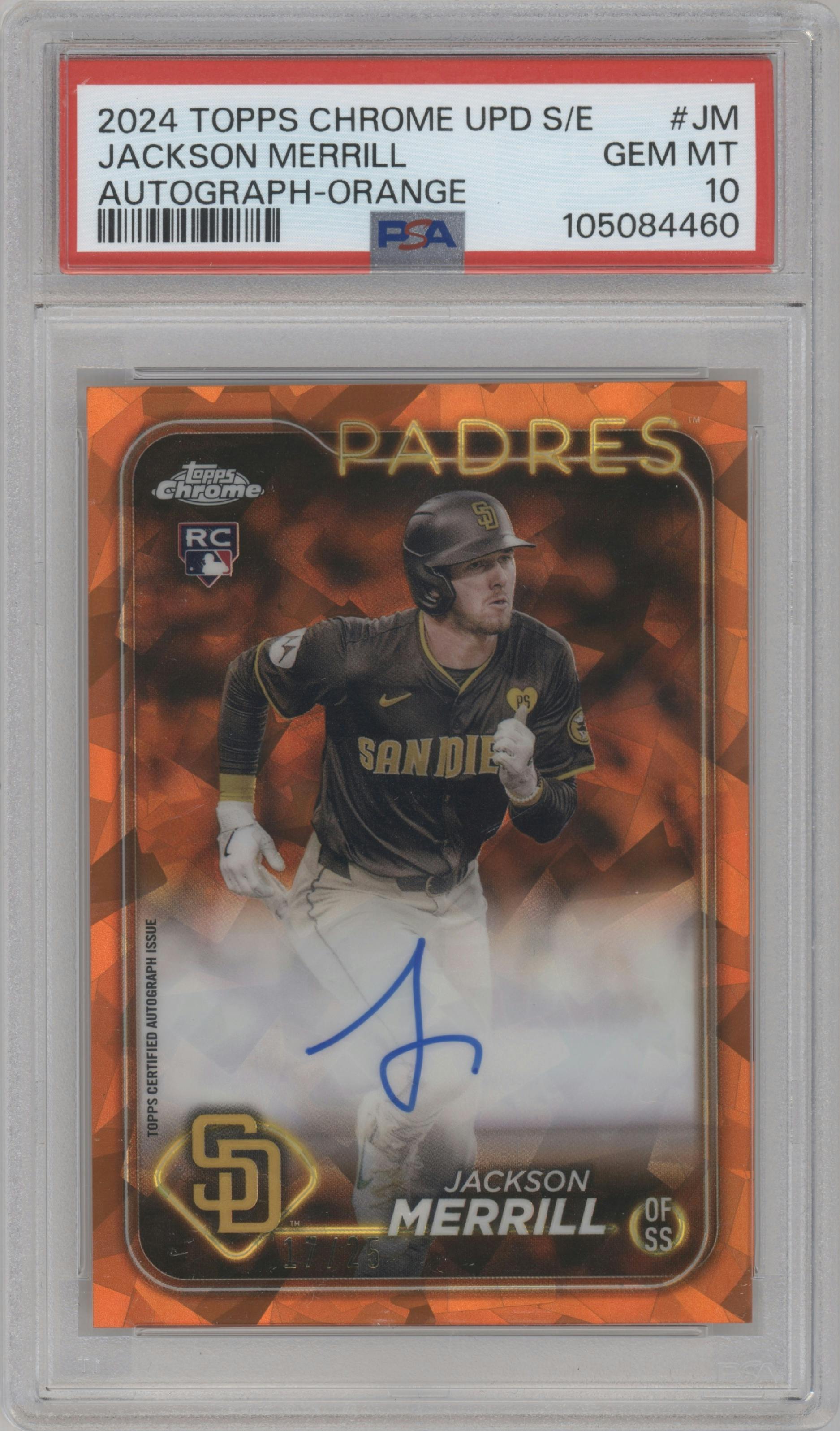 Jackson Merrill from the 2024 Topps Chrome Update Sapphire Edition set featuring a Orange Sapphire Refractor parallel graded by PSA and given an overall grade of 10.