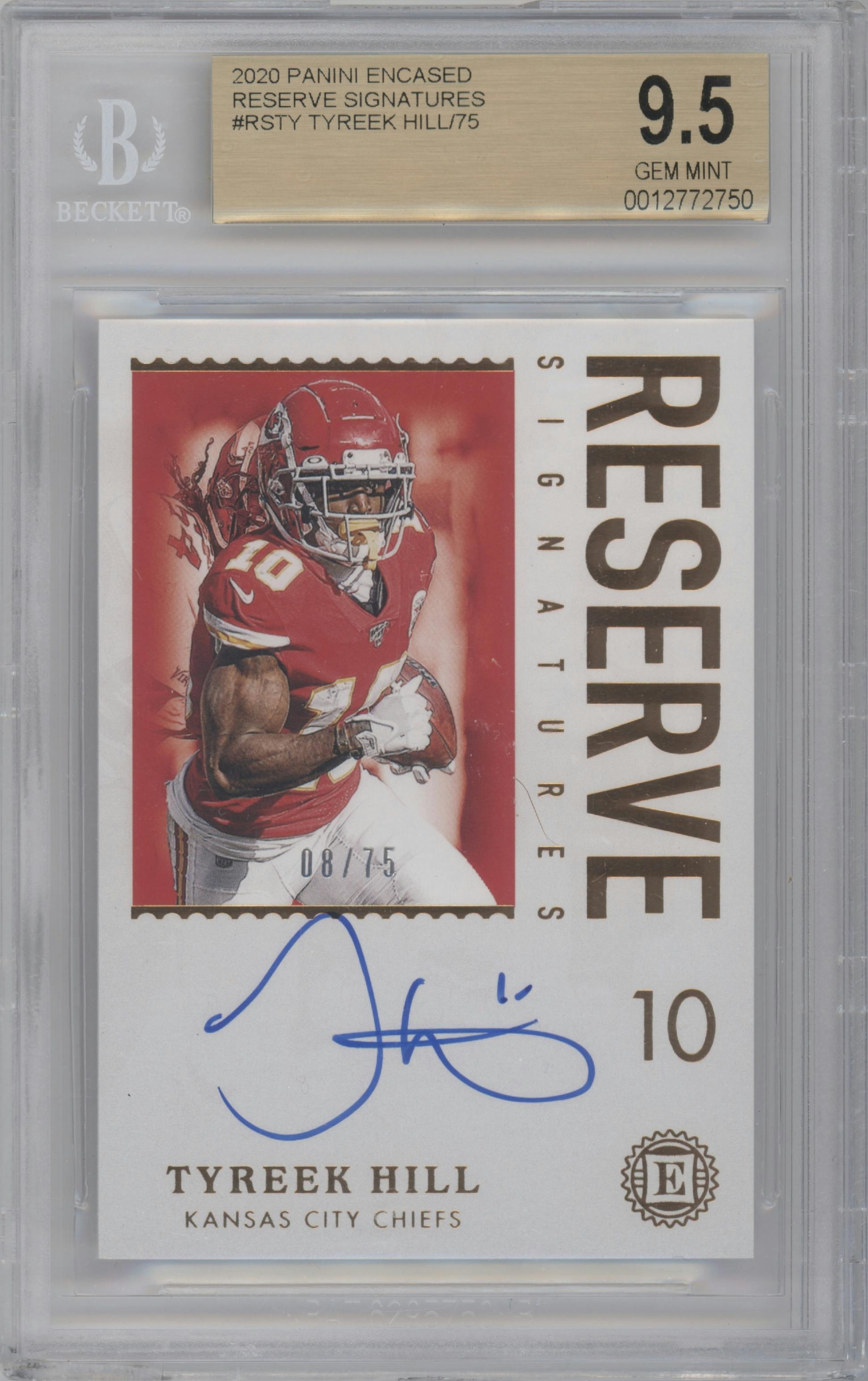 Tyreek Hill from the 2020 Panini Encased set graded by Beckett and given an overall grade of 9.5.