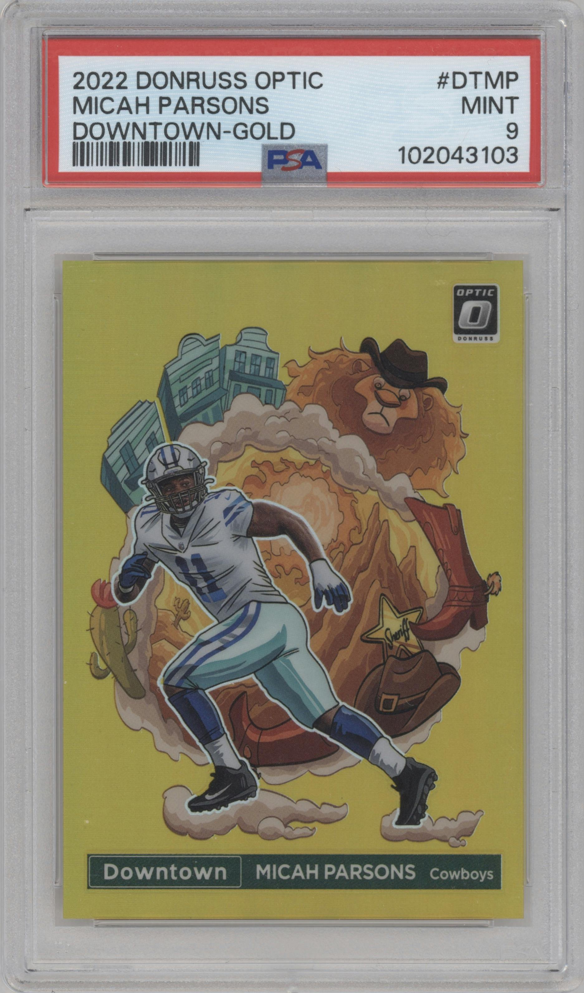 Micah Parsons from the 2022 Panini Donruss Optic set featuring a Gold parallel graded by PSA and given an overall grade of 9.