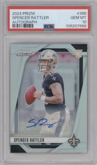 Spencer Rattler from the 2024 Panini Prizm set graded by PSA and given an overall grade of 10.