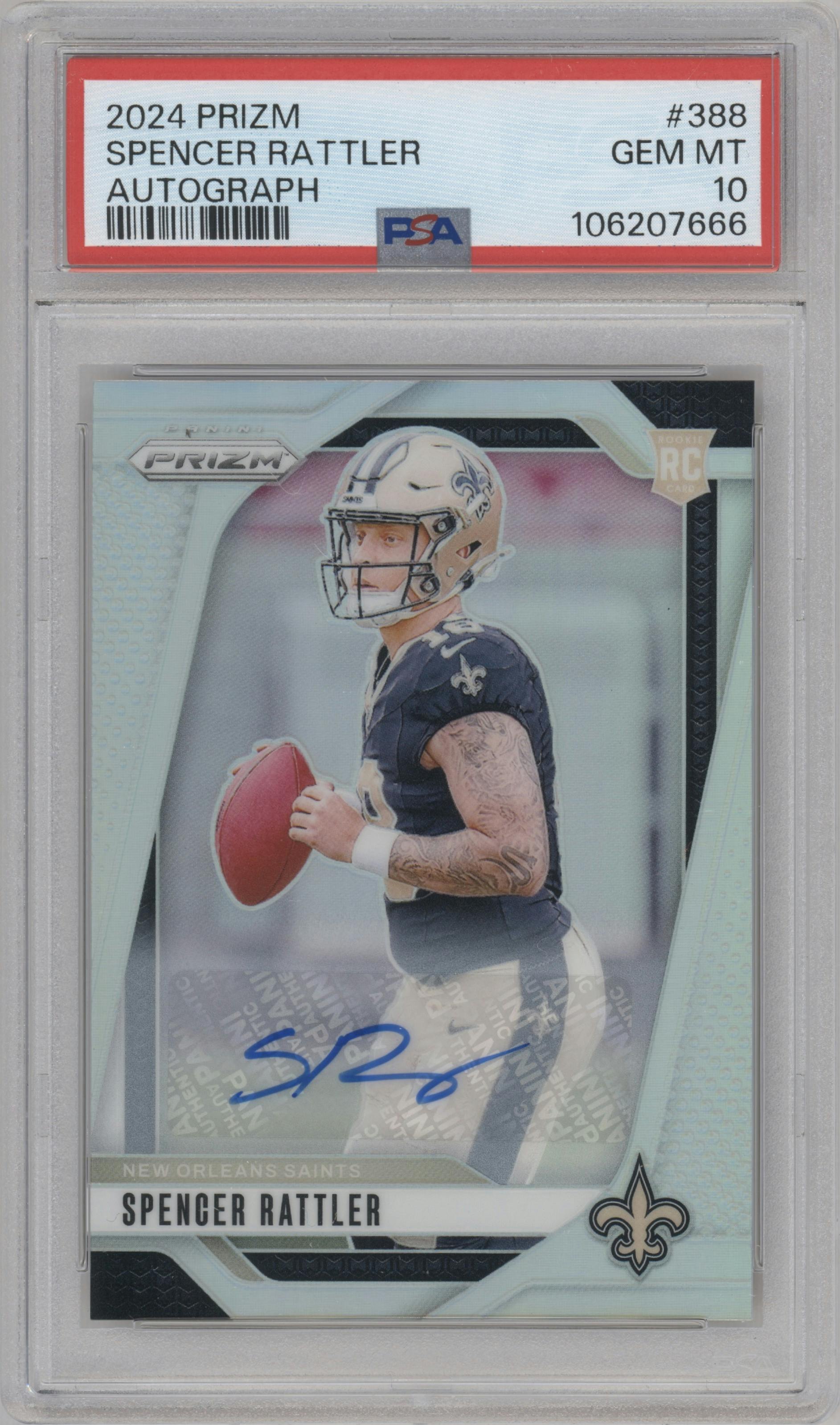 Spencer Rattler from the 2024 Panini Prizm set graded by PSA and given an overall grade of 10.