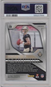 Spencer Rattler from the 2024 Panini Prizm set graded by PSA and given an overall grade of 10.