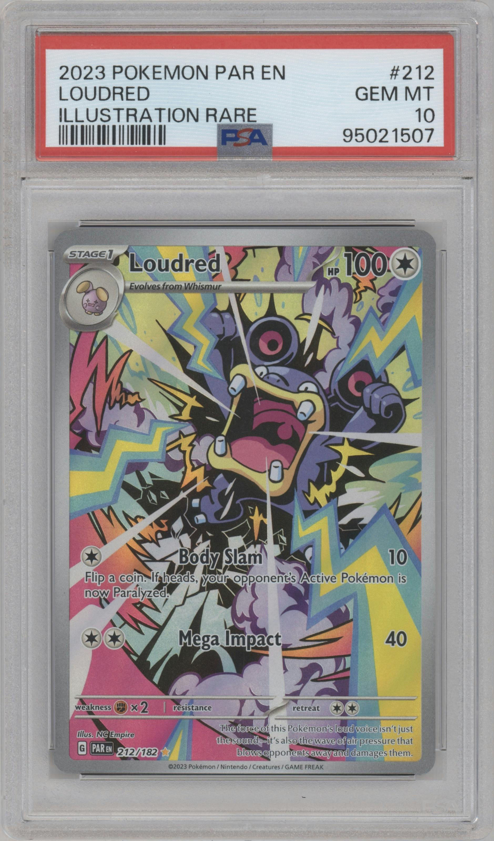 Loudred from the 2023 Pokemon SV set graded by PSA and given an overall grade of 10.