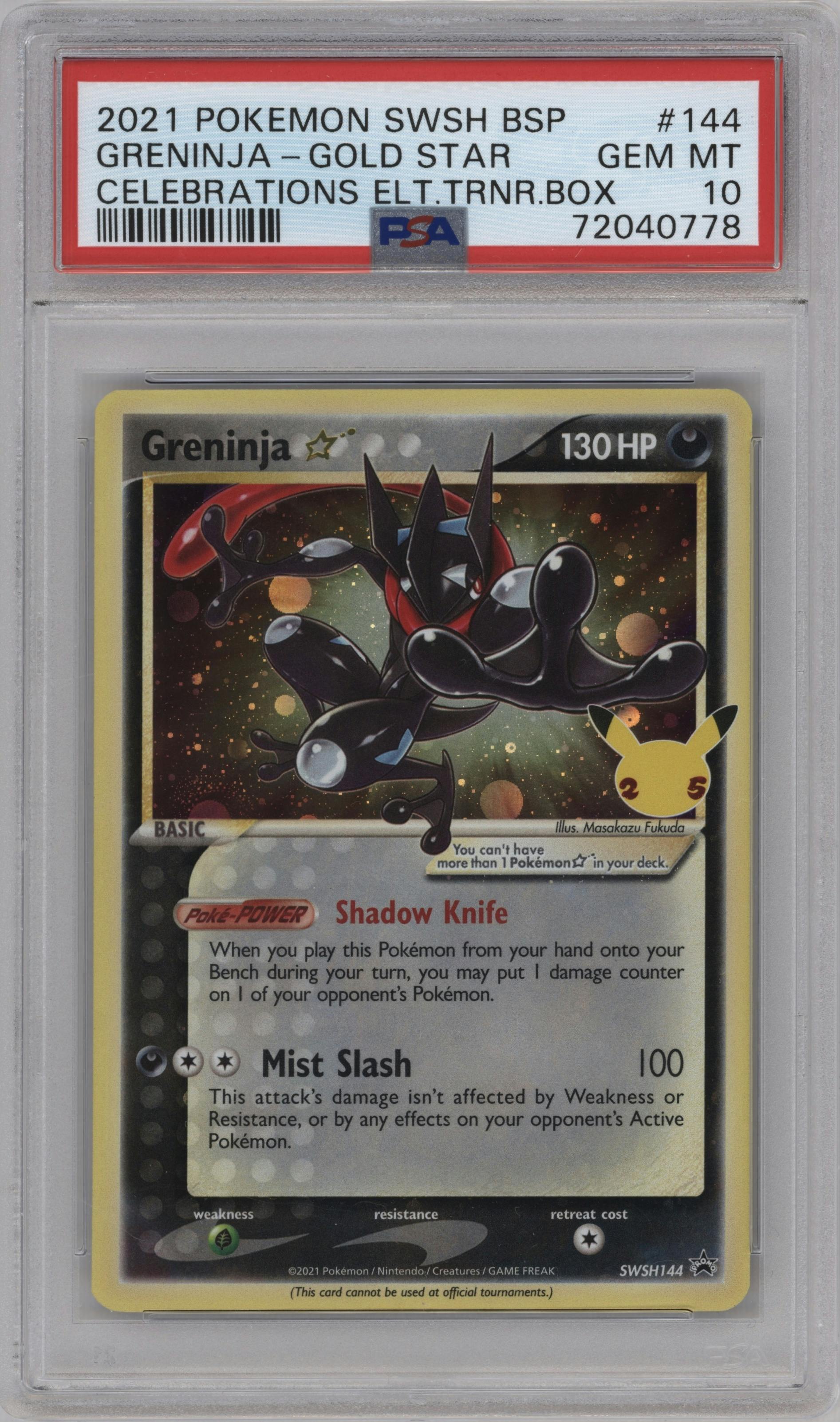 Greninja Gold Star from the 2021 Pokemon SWSH set featuring a Celebrations Elite Trainer Box parallel graded by PSA and given an overall grade of 10.