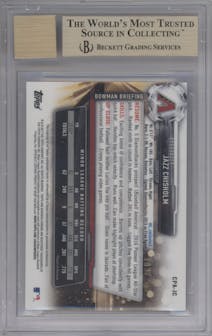 Jazz Chisholm from the 2017 Bowman Chrome set featuring a Blue Mojo parallel graded by Beckett and given an overall grade of 10.