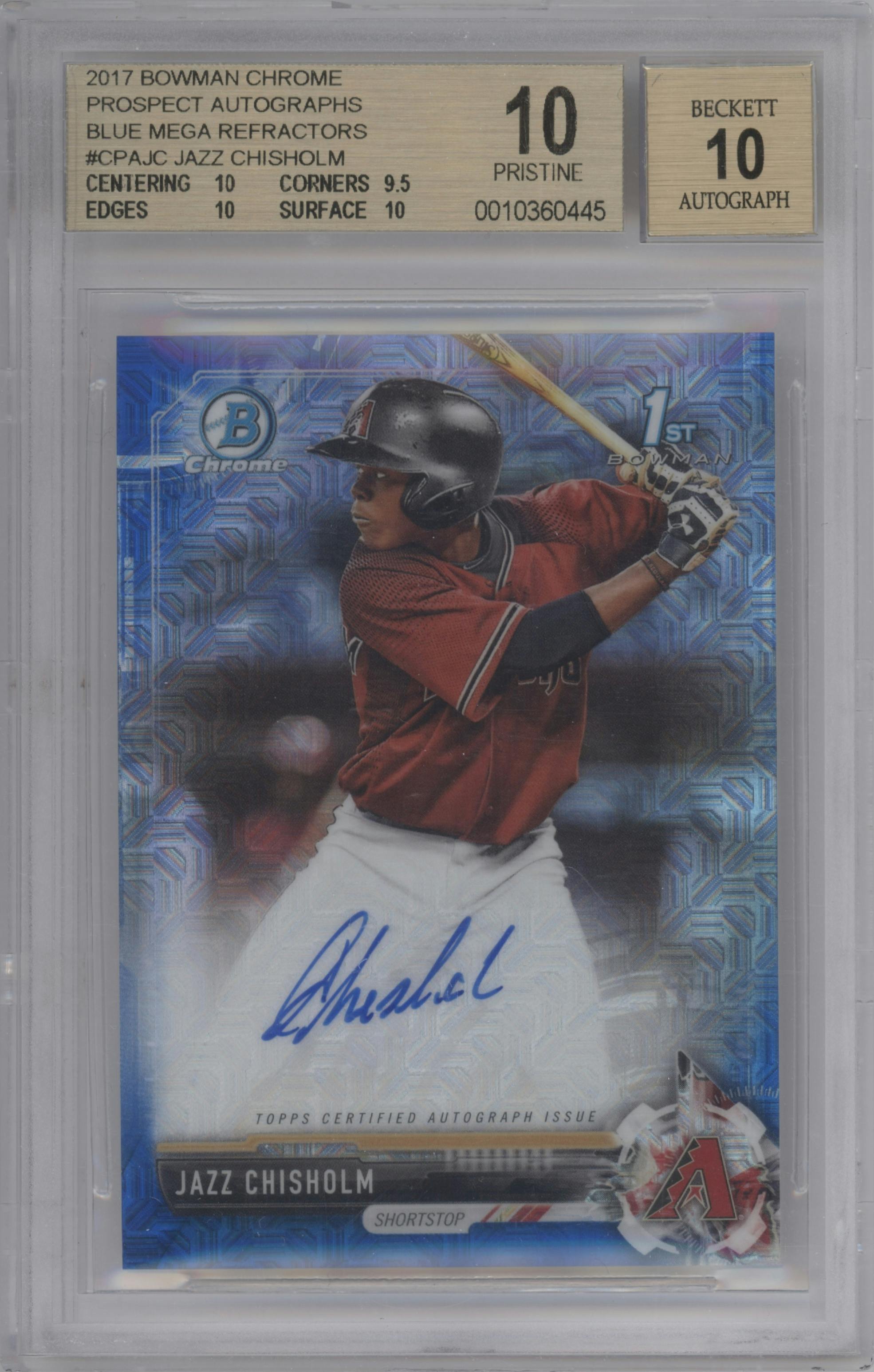 Jazz Chisholm from the 2017 Bowman Chrome set featuring a Blue Mojo parallel graded by Beckett and given an overall grade of 10.