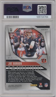 Joe Burrow from the 2024 Panini Prizm set featuring a Purple Ice parallel graded by PSA and given an overall grade of 10.