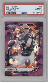 Joe Burrow from the 2024 Panini Prizm set featuring a Purple Ice parallel graded by PSA and given an overall grade of 10.