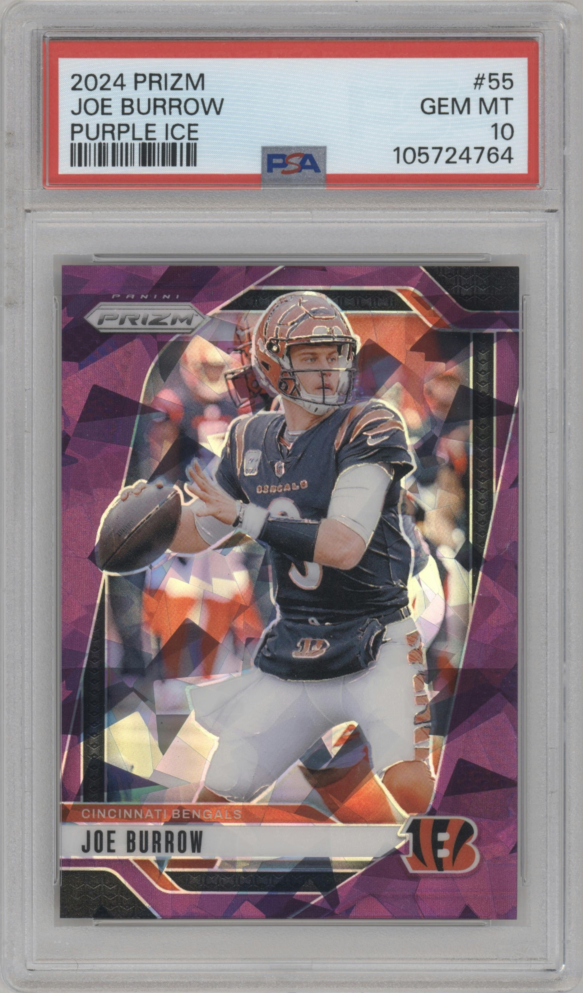Joe Burrow from the 2024 Panini Prizm set featuring a Purple Ice parallel graded by PSA and given an overall grade of 10.