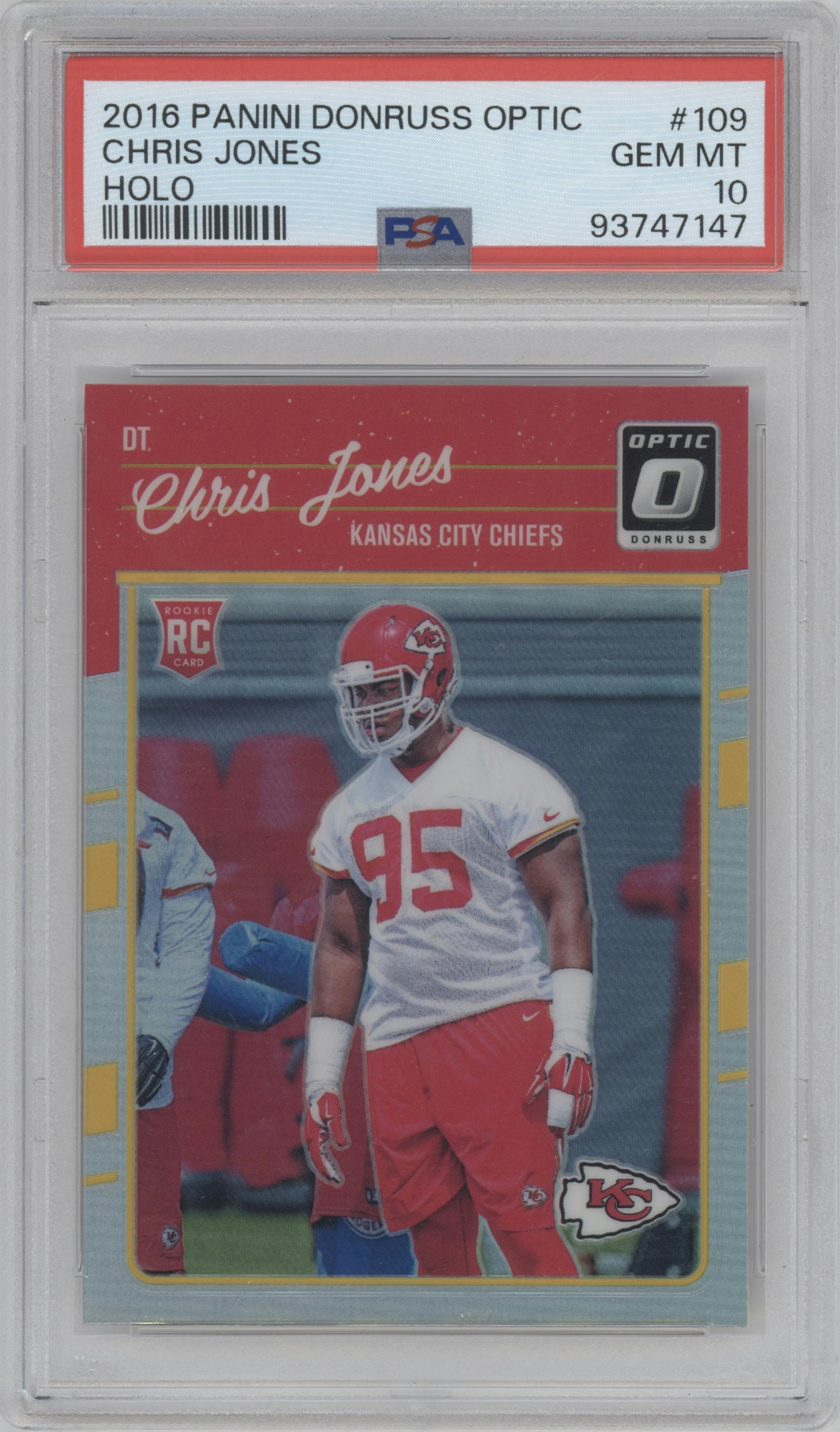 Chris Jones from the 2016 Panini Donruss Optic set featuring a Holo parallel graded by PSA and given an overall grade of 10.