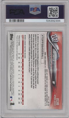 Juan Soto from the 2018 Topps Update set featuring a Rainbow Foil parallel graded by PSA and given an overall grade of 10.